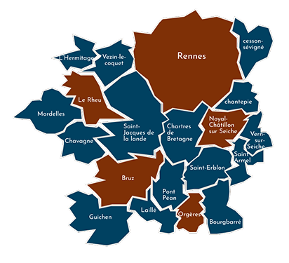 villes d'intervention : Rennes,Cesson Sévigné, Chantepie, Vern-sur-Seiche, Noyal-Chatillon-sur-Seiche, Saint-Erblon, Bourgbaré, Orgères, Pont Péan, Laillé, Guichen, Bruz, Chartres de Bretagne, Saint-Jacques de la lande, Le Rheu, Mordelles, Chavagne, L'hermitage, Vezin-le-coquet, Saint-Armel